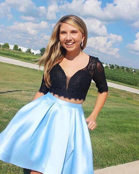 Two Piece Black And Isabell Homecoming Dresses Light Sky Blue Short CD9552