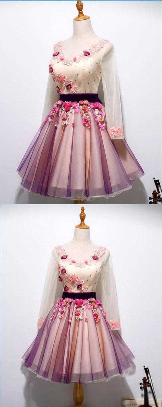 Cute Spring Tulle Cailyn Homecoming Dresses Lace V Neck Short Applique Party Dress With Sleeves DH9646