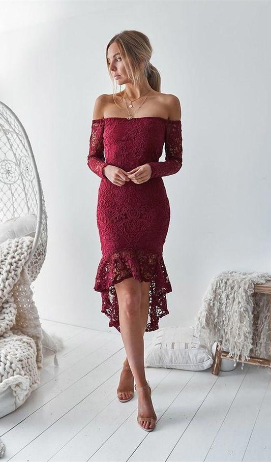 Fashion Off The Shoulder Homecoming Dresses Carlie Lace Elegant Burgundy Short Party Dress CD9886