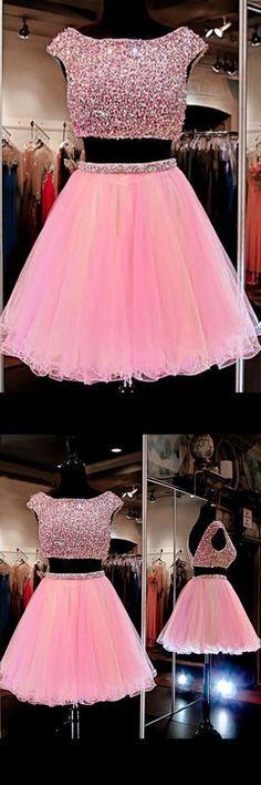 Cute Two Pieces Homecoming Dresses Kaliyah Pink Jewel Beading CD9897