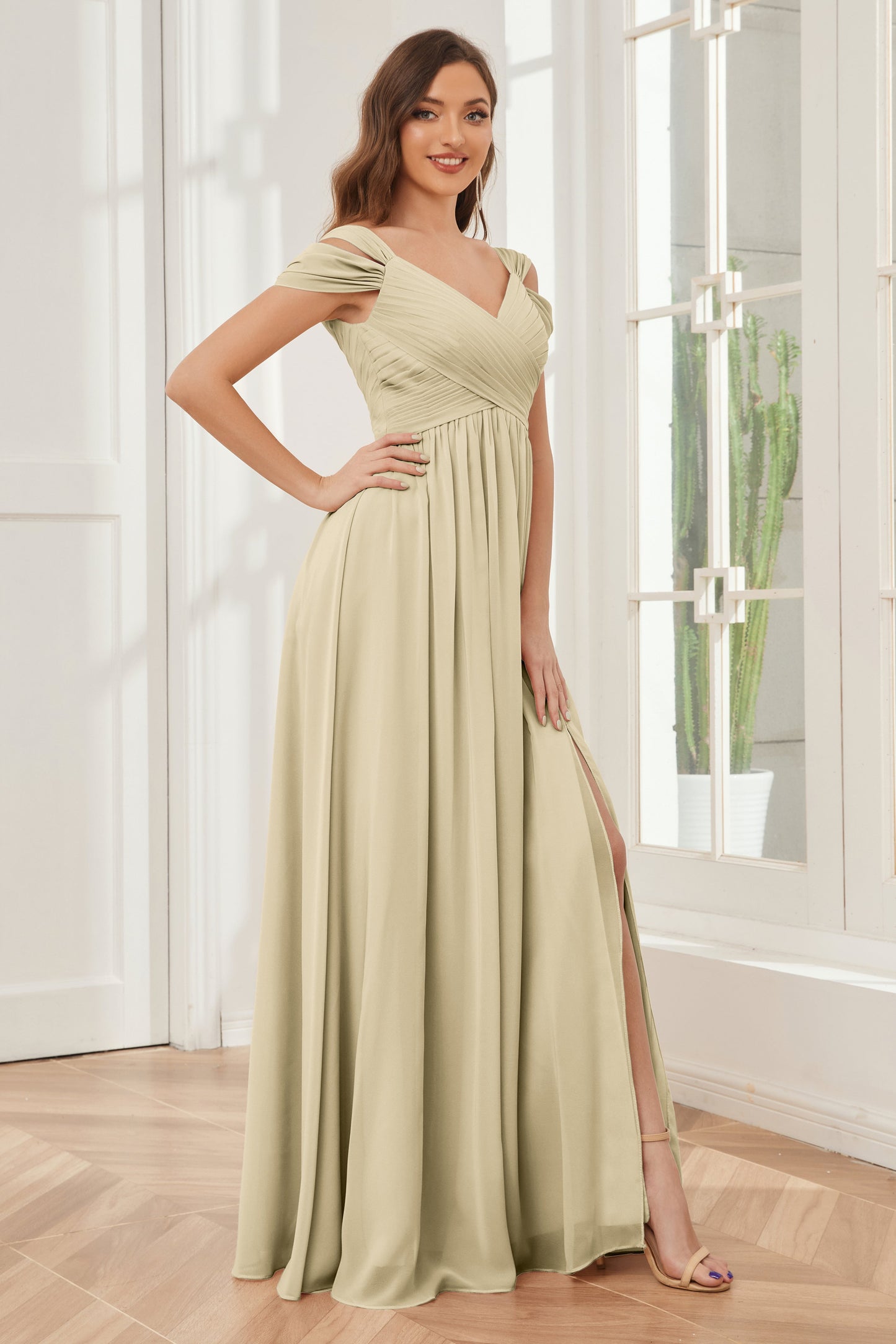 Off-the-Shoulder side Slit Empire Bridesmaid Dresses