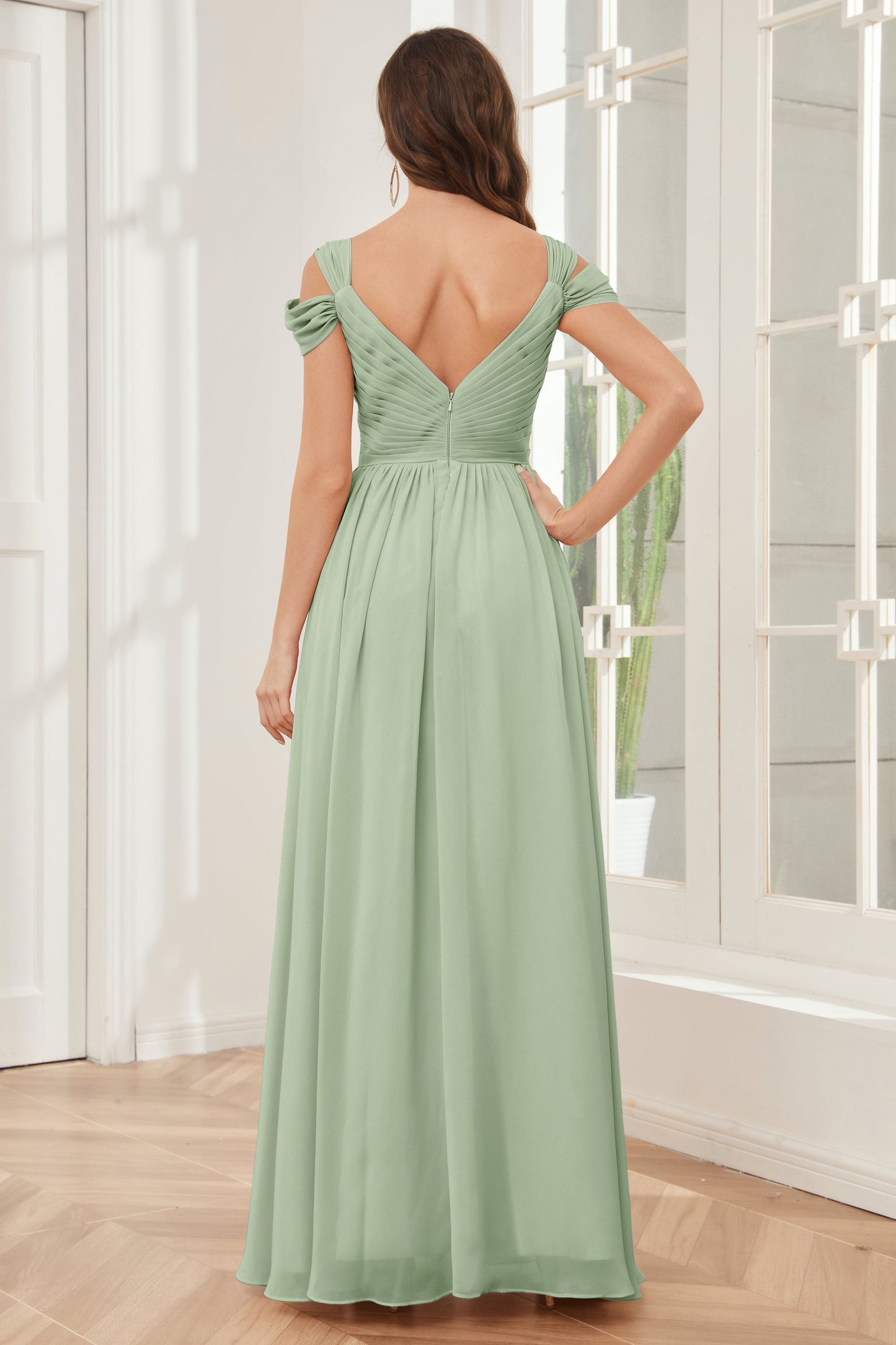 Off-the-Shoulder side Slit Empire Bridesmaid Dresses