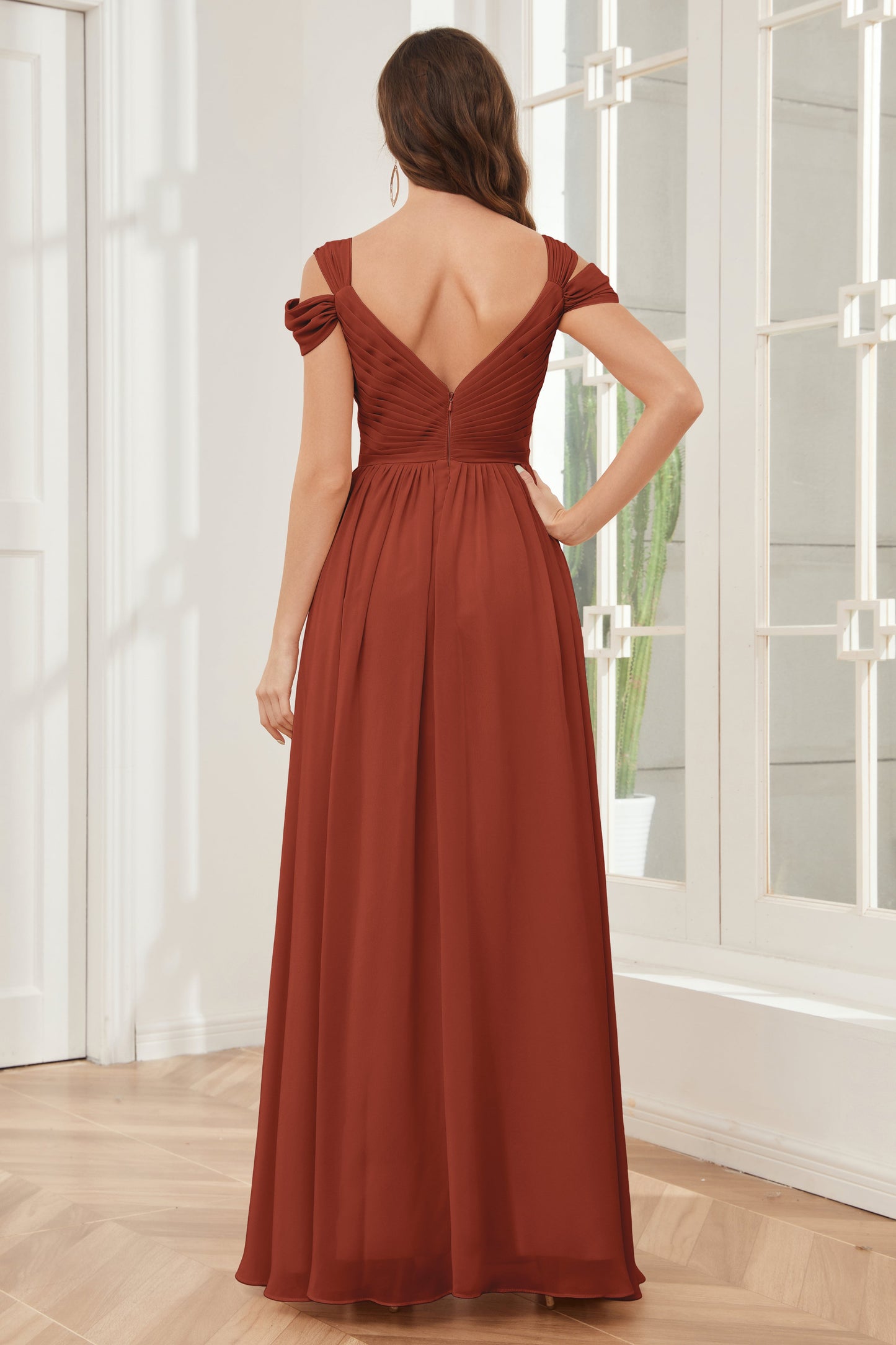 Off-the-Shoulder side Slit Empire Bridesmaid Dresses