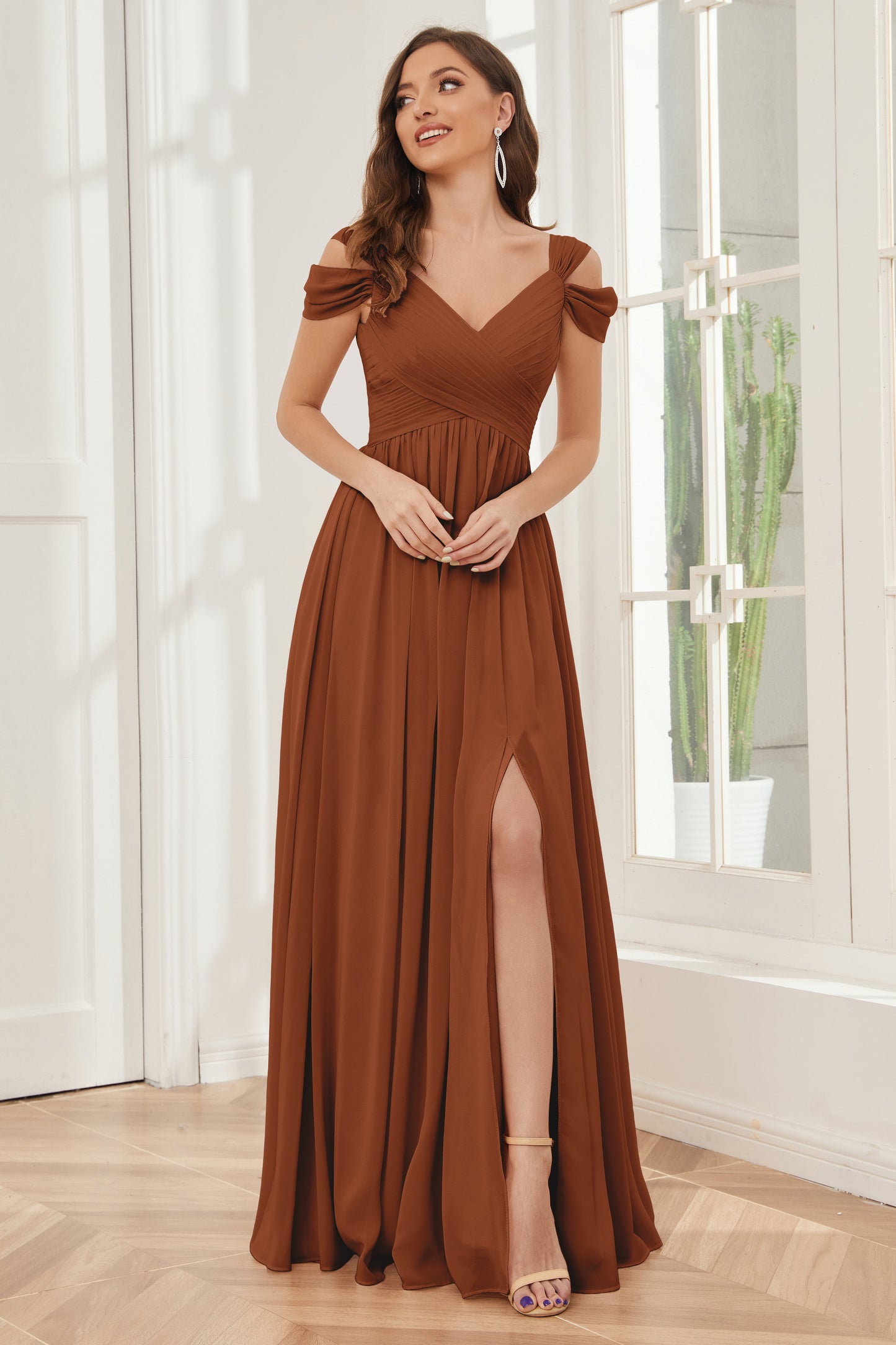 Off-the-Shoulder side Slit Empire Bridesmaid Dresses