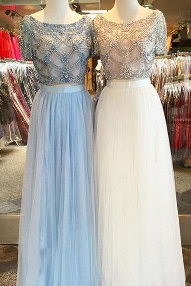 Tulle Scoop Neck A-line Floor-length with Beading Two Piece Short Sleeve Prom Dresses JS631