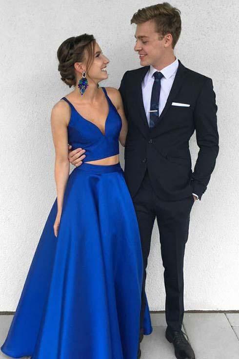 Sexy Royal Blue Two Piece Long Simple Satin Blue V-Neck Formal Evening Prom Dresses