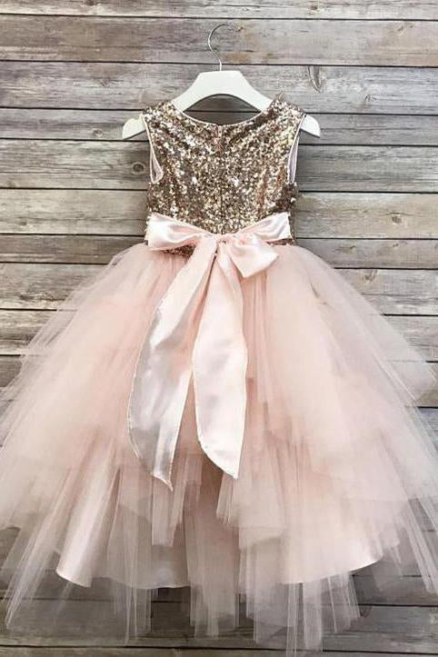 Princess A Line Gold Sequin Round Neck Blush Pink Cute Tulle Baby Flower Girl Dress JS828