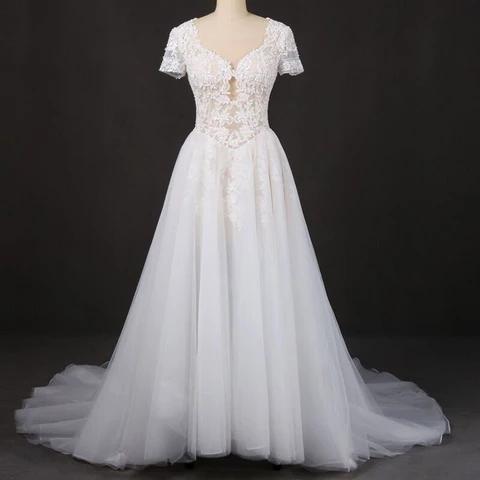 A-line Short Sleeves Beads V Neck Lace Applique Wedding Dresses, Bridal Dress SJS15051