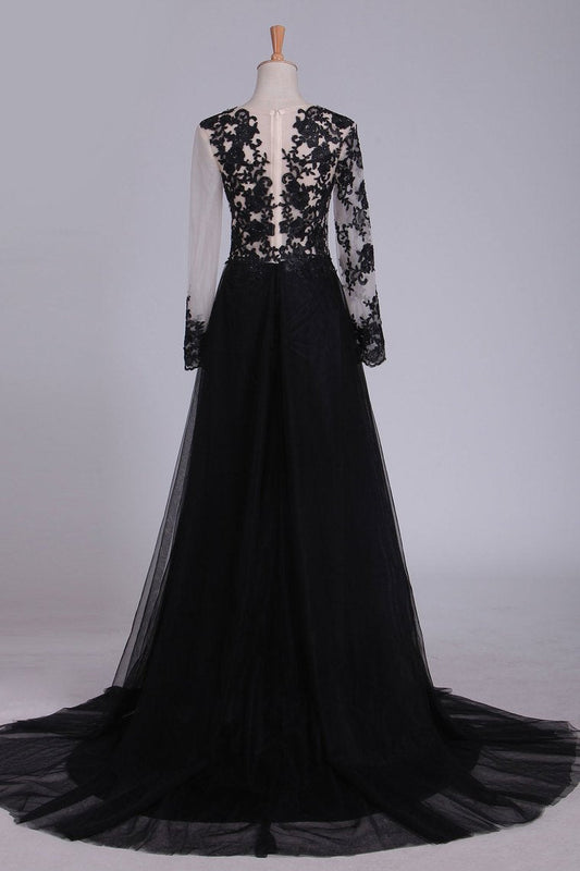 2024 Prom Dresses Scoop Long Sleeves Tulle With Slit And Applique