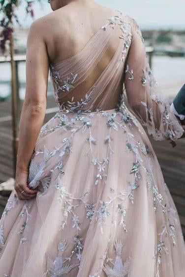 Long Sleeve One Shoulder Sparkly Prom Dress Long Evening Dress, Long Prom Dresses SRS15245