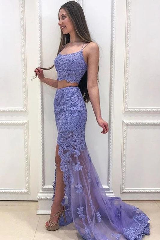 Elegant Two Pieces Mermaid Lilac Lace Slit Long Prom Dresses, Formal SJS15645