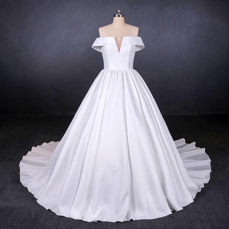 Ball Gown Off the Shoulder White Satin Wedding Dresses, Simple Cheap Wedding Gowns SJS15065