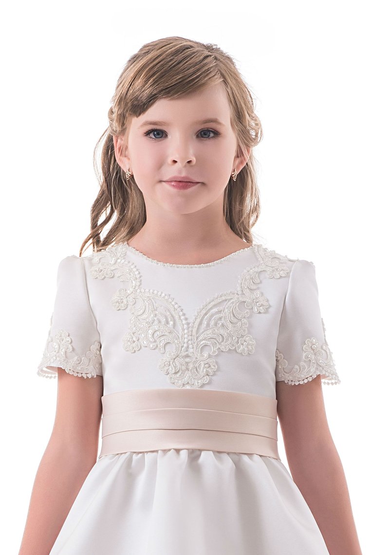 A Line Scoop Short Sleeves Flower Girl Dresses With Applique Satin