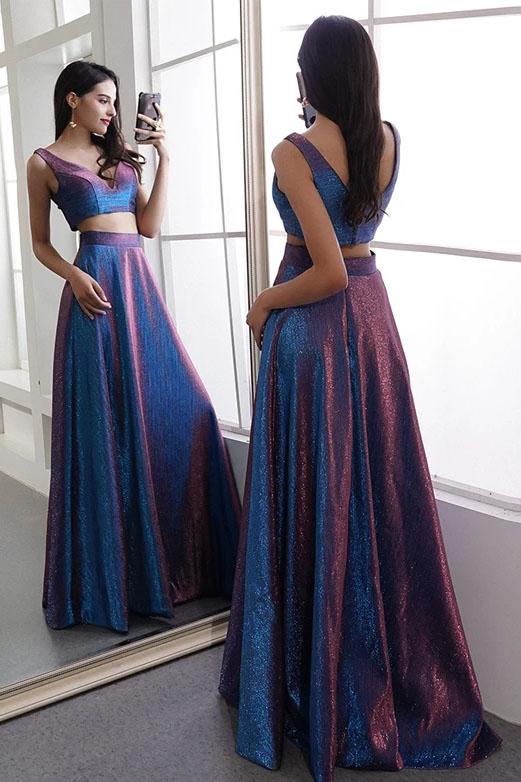 Two Pieces V Neck Straps V Back Floor Length Prom Dresses Long Party Dresses SJS15447