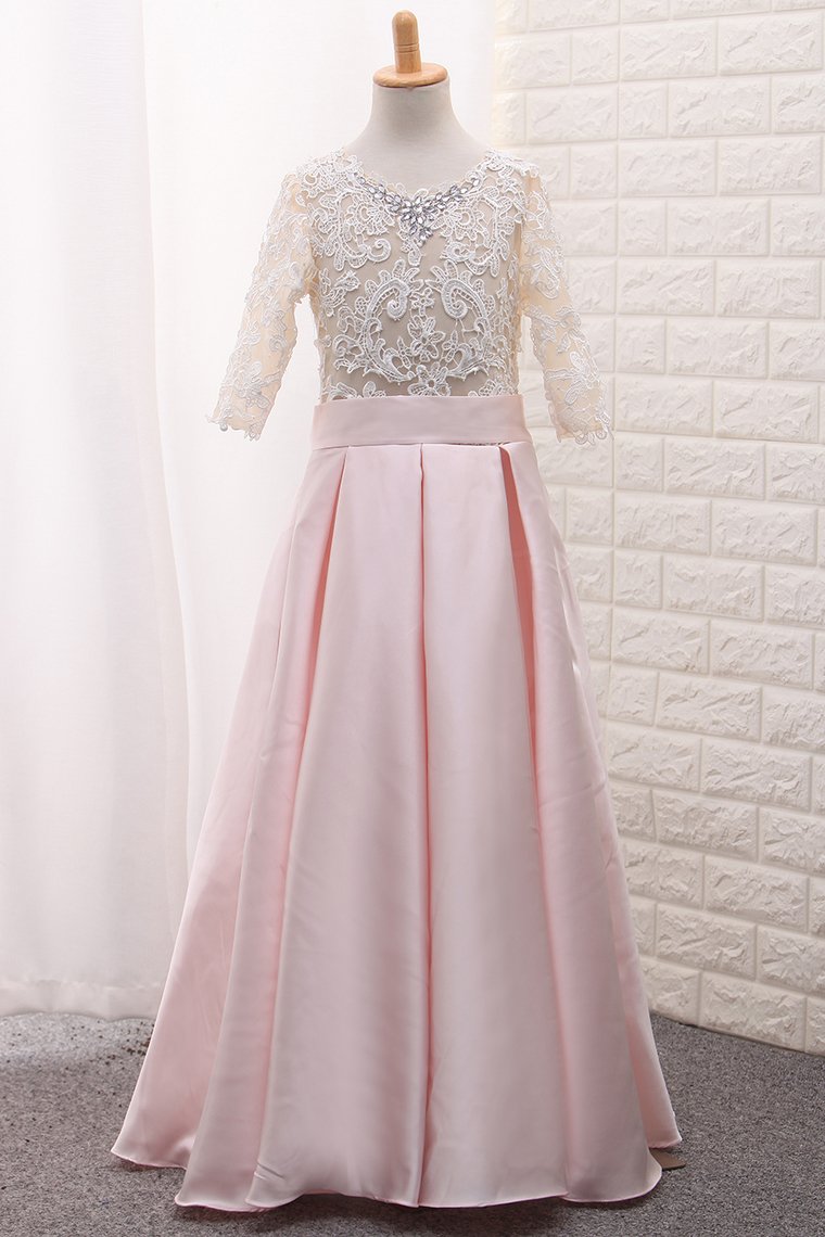 Scoop Mid-Length Sleeve Satin A Line Flower Girl Dresses With Applique Floor-Length