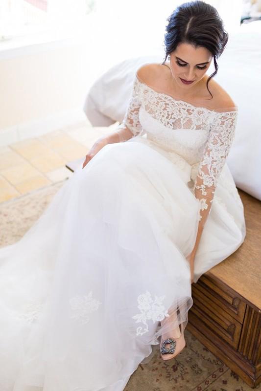 Long Sleeve Off the Shoulder Tulle Wedding Dresses, A line Lace Elegant Wedding Gowns SJS15244