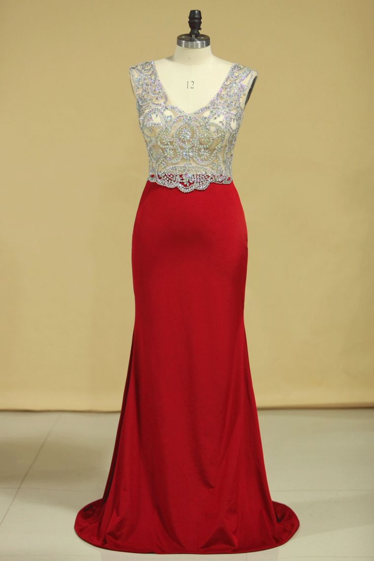 2024 Red V Neck Beaded Bodice Open Back Prom Dresses Column Spandex Sweep Train Plus Size