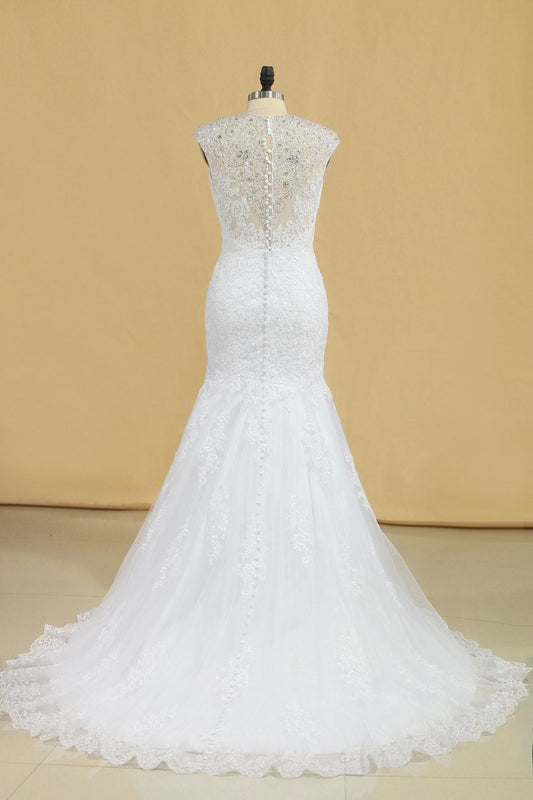 Plus Size Mermaid Wedding Dresses V Neck With Beads And Applique Court Train Tulle