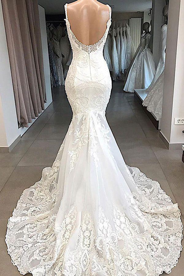 Charming Spaghetti Straps Lace Appliques Tulle Mermaid Wedding SJS20458