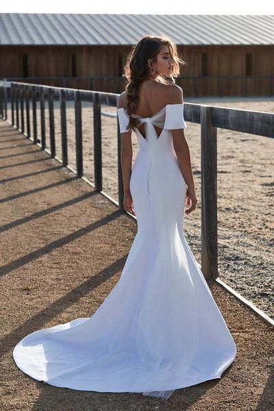 Simple Satin Off The Shoulder Wedding Dresses Beautiful Beach Bridal Dresses