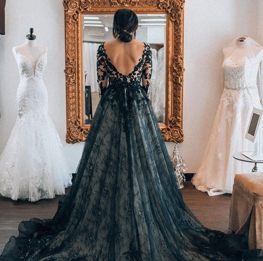 Dark Navy Lace Prom Dresses with Long Sleeves