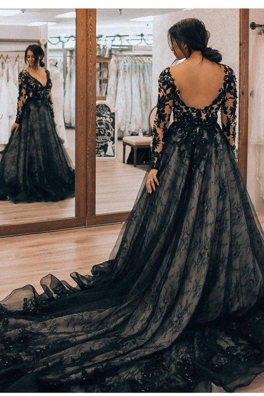 Dark Navy Lace Prom Dresses with Long Sleeves