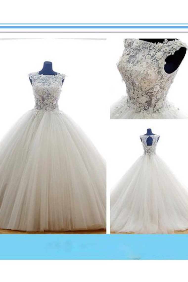 Scoop Wedding Dresses Sleeveless With Applique Tulle