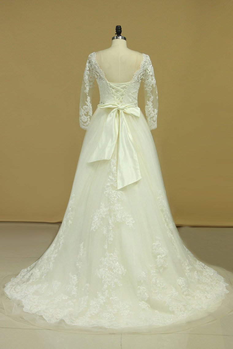 Plus Size Bateau Wedding Dresses 3/4 Length Sleeve With Applique Tulle