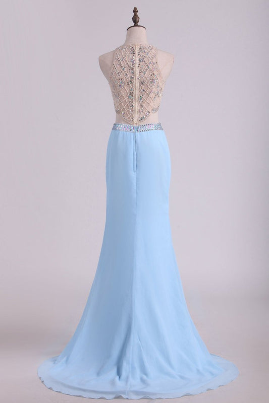 2024 Prom Dresses  Scoop Sheath Two Pieces Chiffon With Beading And Slit Sweep Train