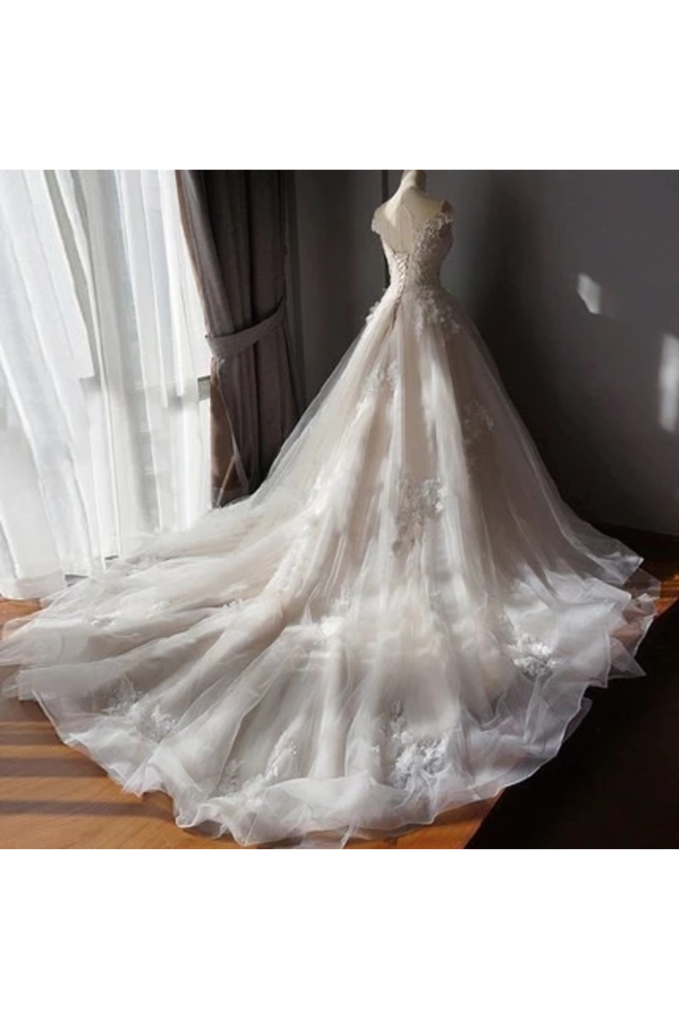 Stunning Off The Shoulder Tulle Wedding Dress With Applique Bridal Dress With Long SJSPAE18RA2