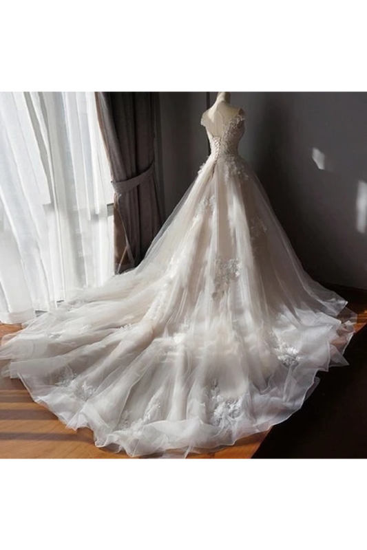 Stunning Off The Shoulder Tulle Wedding Dress With Applique Bridal Dress With Long SJSPAE18RA2