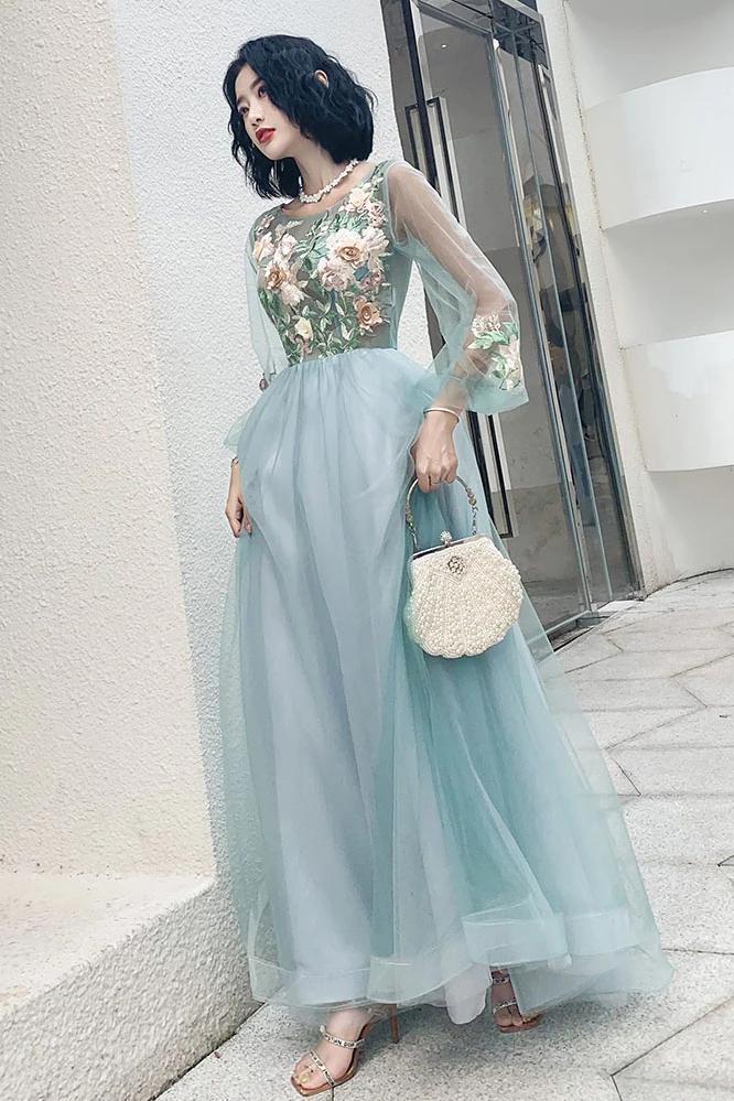 Elegant Long Sleeves Appliqued Tulle Prom Dresses, Floor Length Appliques Evening Dresses SRS15175