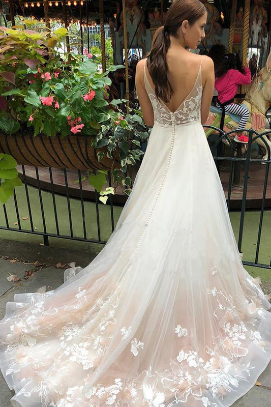 Tulle V Neck Embroidery Long Spaghetti Straps Wedding Dresses, Bridal Dresses SJS15444