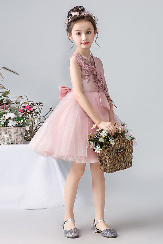 Lovely Pink Sleeveless Tulle Floral Appliques Flower Girl Dresses