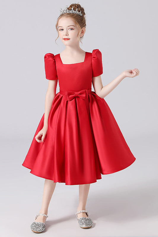 A Line Red Short Sleeve Flower Girl Dresses With Bownot