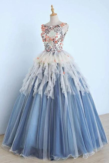 Princess Ball Gown Appliques Blue Tulle Prom Dresses, Sweet 16 Dress, Quinceanera Dress SRS15289