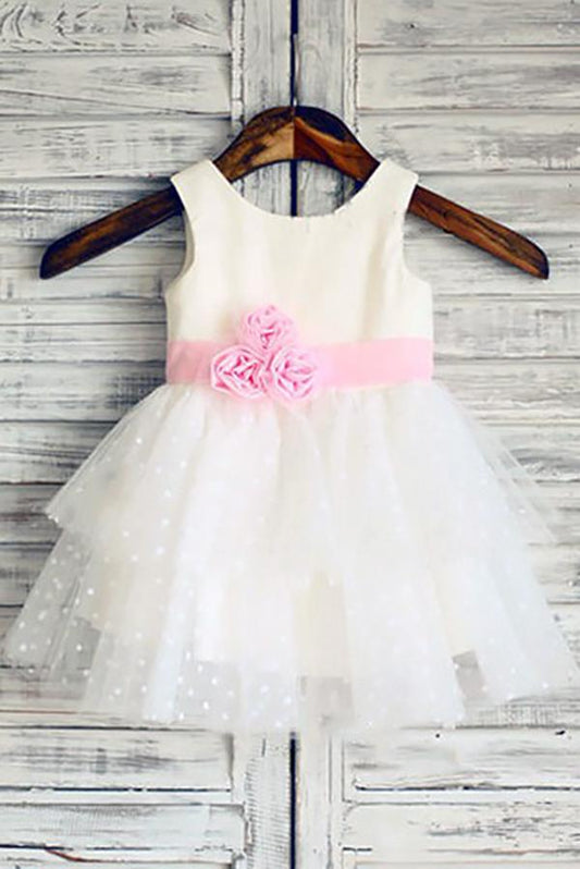 Ball Gown Scoop Neck Tulle Ivory Elastic Woven Satin Short Mini Tiered Flower Girl Dresses JS735