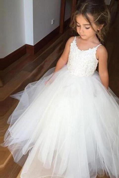 A Line Spaghetti Straps Lace Top Ivory Tulle Flower Girl Dresses For Wedding Party JS773