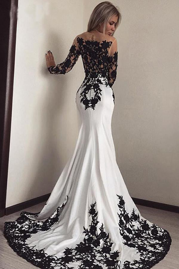 Elegant White Black Lace Appliques Mermaid Long Sleeves Satin Prom Dresses