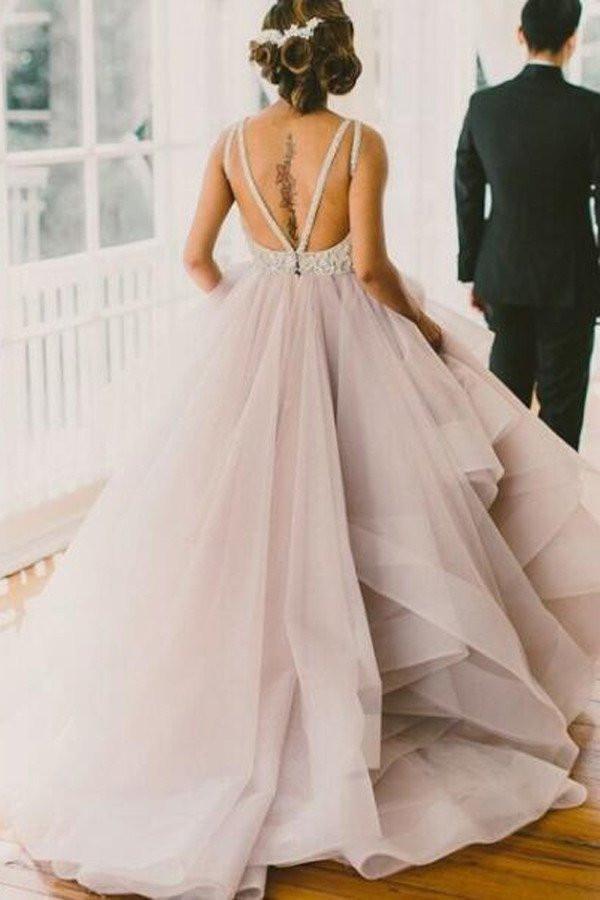 New Style Cheap Deep V-Neck A-Line Open Back Wedding Dresses