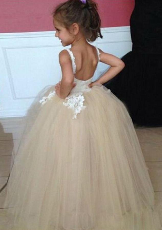 Tulle Applique Spaghetti Straps Backless Flower Girl Dresses Lovely