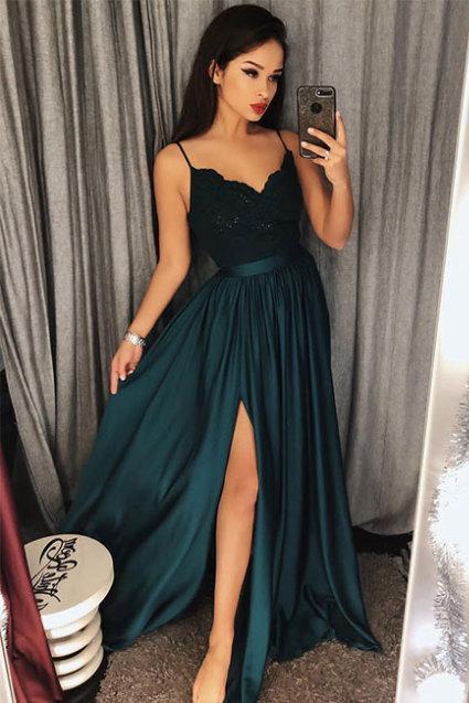 Dark Green Spaghetti Straps Split Front Lace Long Sleeveless Prom Dresses