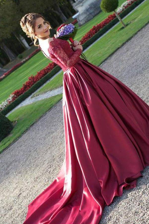 Long Sleeves Off the Shoulder Burgundy Sweetheart Satin Lace Ball Gown Prom Dresses