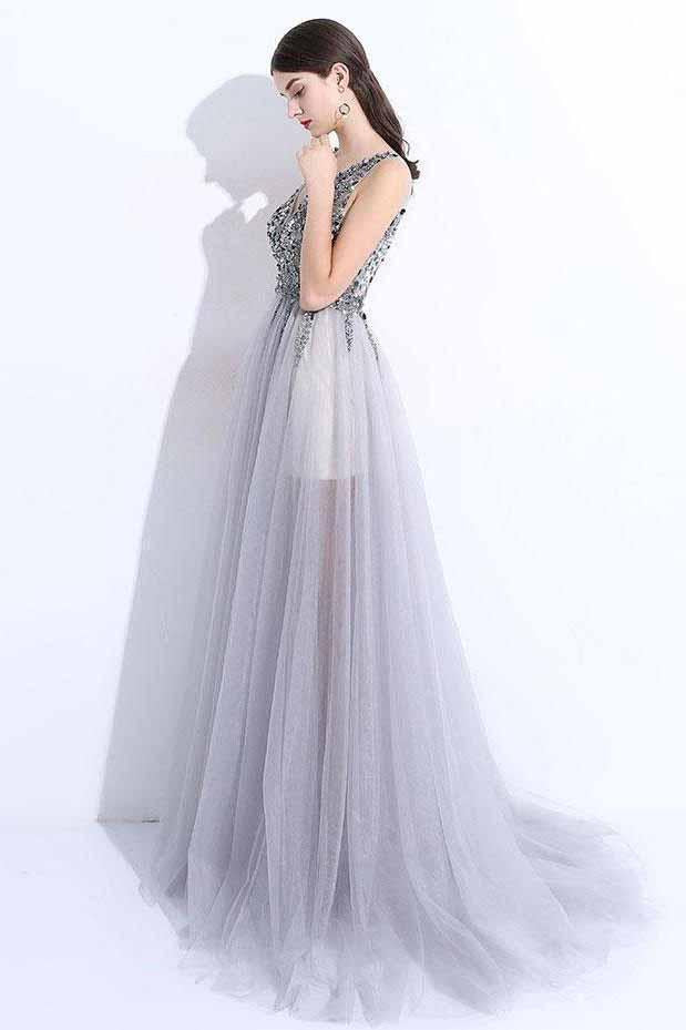 2024 New A-Line V-Neck Grey Tulle Beaded Long Sleeveless Backless Prom Dresses with SRS10086