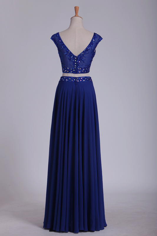 2024 Two Pieces Scoop With Beading Prom Dresses A Line Floor Length Dark Royal Blue