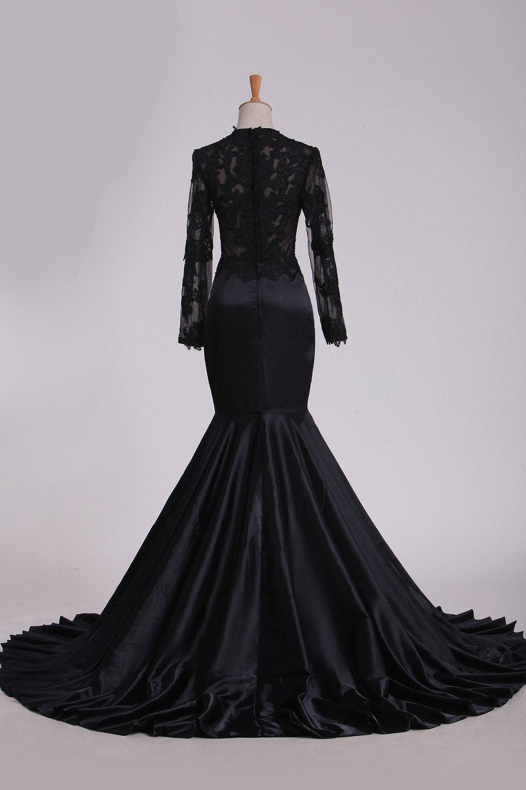 2024 Evening Dresses Scoop Long Sleeve With Applique Mermaid Elastic Satin