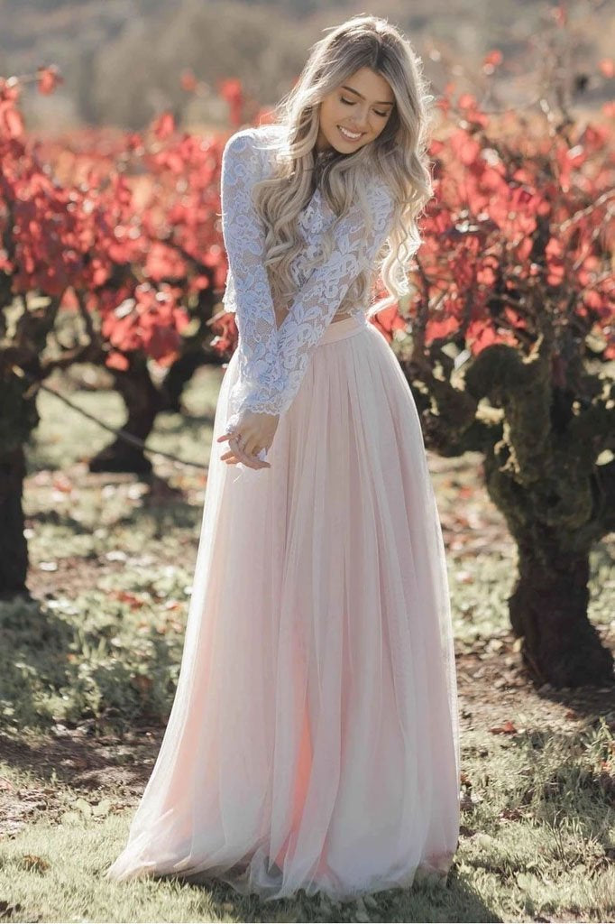 Two Pieces Long Sleeves Lace Appliques Blush Pink Wedding Dresses, Beach Wedding Dress SJS15538