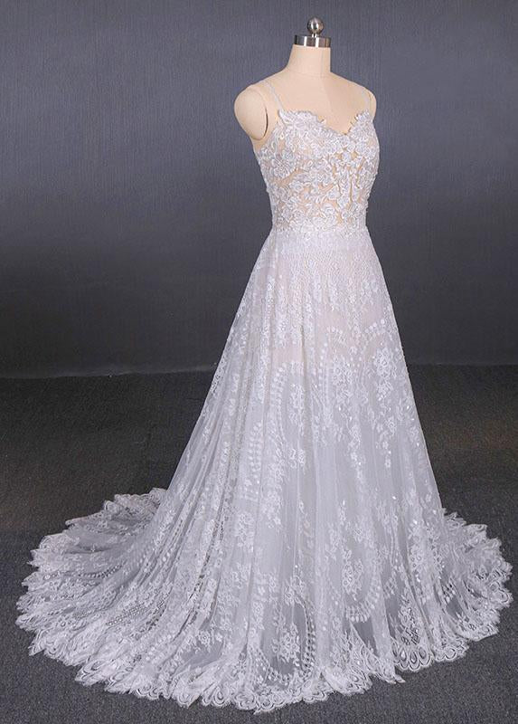 Spaghetti Straps V Neck Lace Off White Wedding Dresses with Criss Cross Bridal Dresses SJS15422