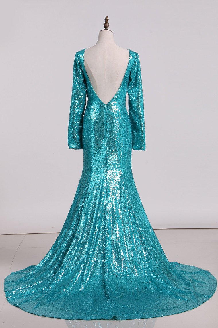 2024 Sexy Open Back Long Sleeve Prom Dresses Sequins Mermaid Sweep Train