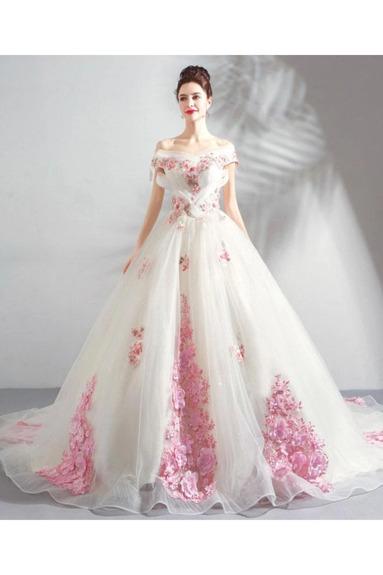 Unique Off The Shoulder Tulle Wedding Dress With Pink Flowers Ball Gown Wedding SJSPQ4NB2CL